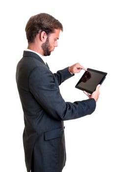 Young businessman with tablet isolated in white