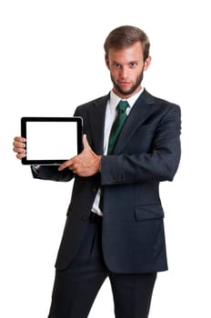 Young businessman with tablet isolated in white