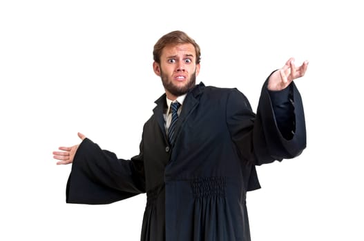 Young lawyer dressed with a toga isolated in white