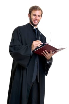 Young lawyer dressed with a toga isolated in white