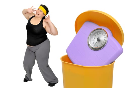 Large woman loking at a weight scale in the garbage