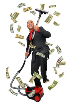 Businessman with vacuum cleaner catching dollar bills isolated in white