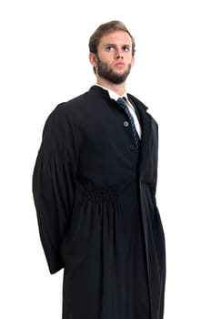 Young lawyer dressed with a toga isolated in white