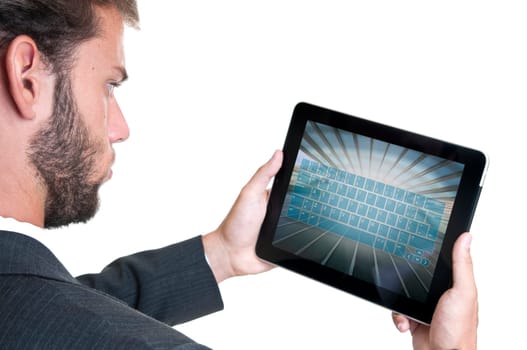 Young businessman with tablet isolated in white