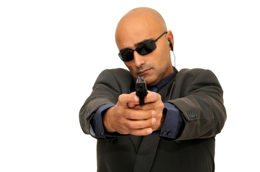 Man with gun isolated against a white background