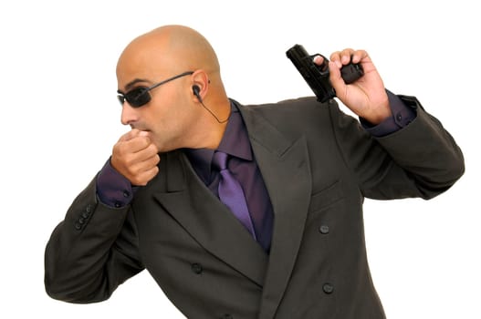 Man with gun isolated against a white background