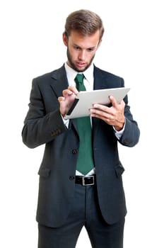 Young businessman with tablet isolated in white