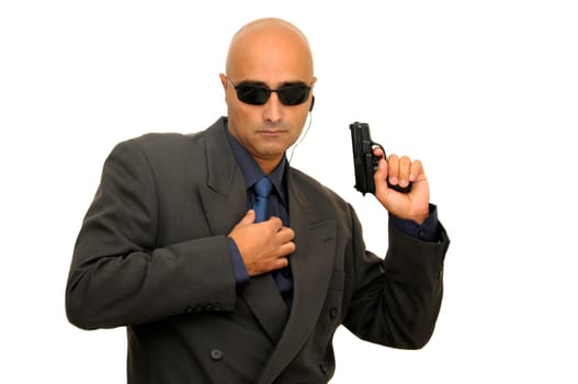 Man with gun isolated against a white background