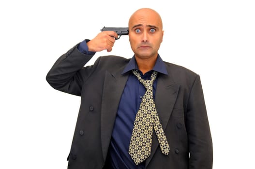 Businessman with gun isolated against a white background
