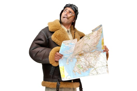 WWII fighter pilot with map isolated in white