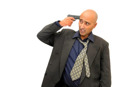 Businessman with gun isolated against a white background