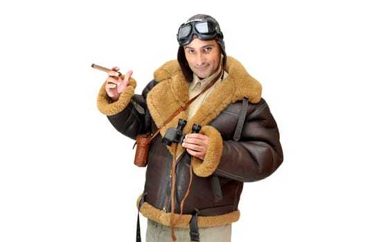 WWII fighter pilot with cigar isolated in white