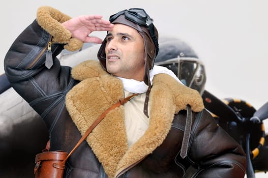 WWII figther pilot looking to the sky