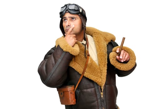 WWII fighter pilot with cigar isolated in white