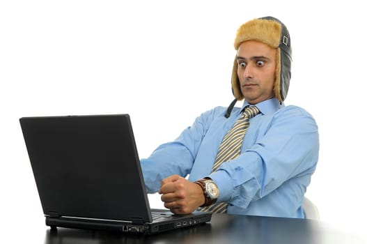 Businessman with laptop isolated in white