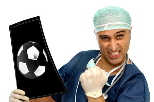 Doctor with soccer ball X-Ray isolated in white