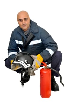 Fireman in uniform isolated in white