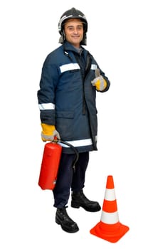 Fireman with extinguisher isolated in white