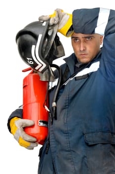 Fireman in uniform isolated in white