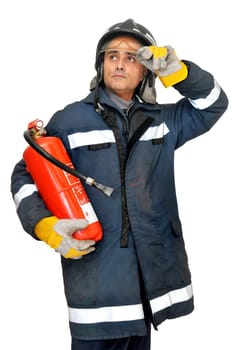 Fireman in uniform isolated in white