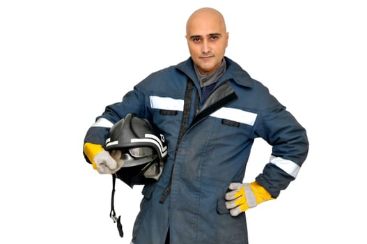 Fireman in uniform isolated in white