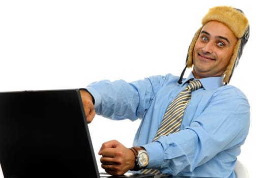 Businessman with laptop isolated in white