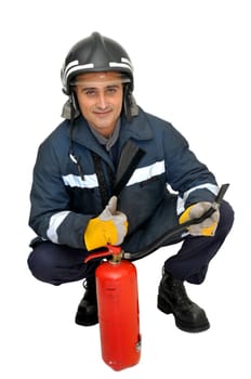 Fireman with extinguisher isolated in white