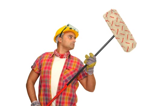 worker with mop isolated in white