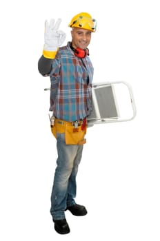 Constructor worker with ladder isolated in white