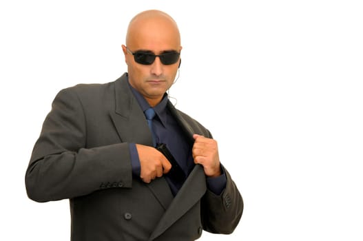 Man with gun isolated against a white background