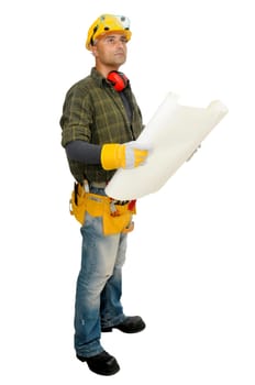 Worker with project looking at the construction site isolated in white