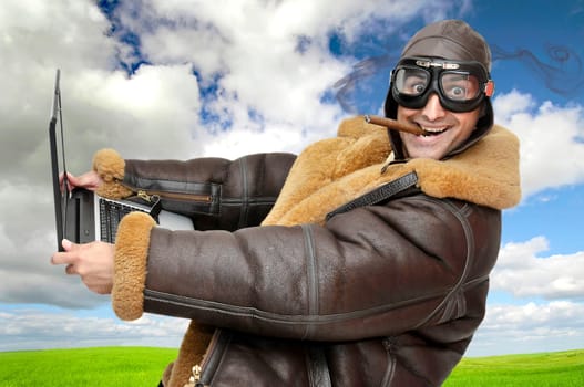 Fighter pilot with laptop at full speed