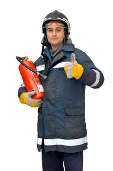 Fireman with extinguisher isolated in white
