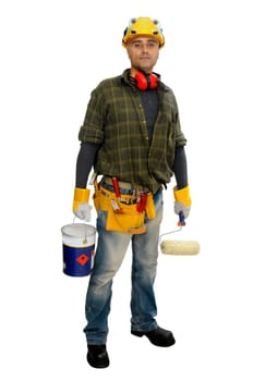 Construction worker with paint bucket isolated in white