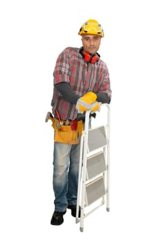 Constructor worker with ladder isolated in white