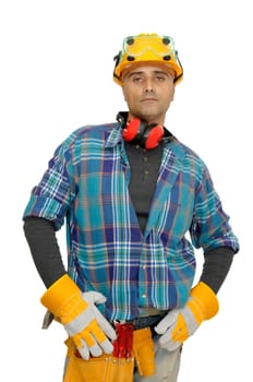 Worker with hat and protection phones isolated in white