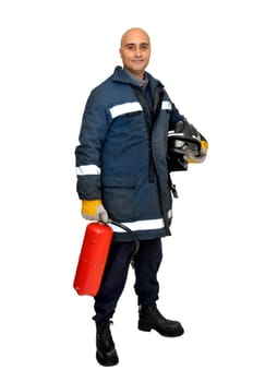 Fireman in uniform isolated in white