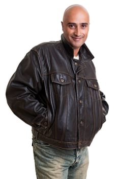 Bald man posing isolated against a white background