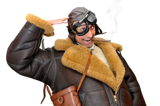Funny figther pilot saluting isolated in white