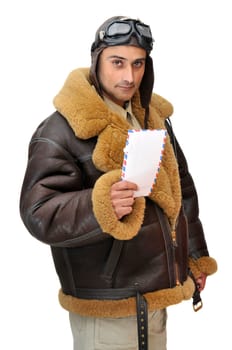 Fighter pilot with letter isolated in white