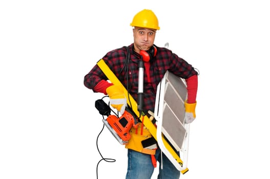 Construction worker stressed with lots of tools isolated in white