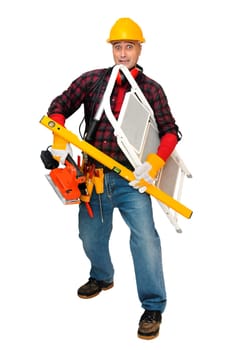 Stressed construction worker with lots of tools isolated in white