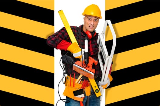 Stressed construction worker with lots of tools isolated in white