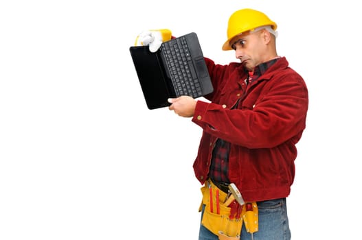 Confused construction worker with laptop isolated in white