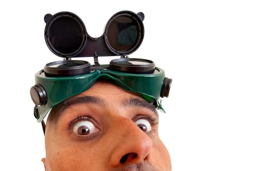 Construction worker making funny faces isolated in white