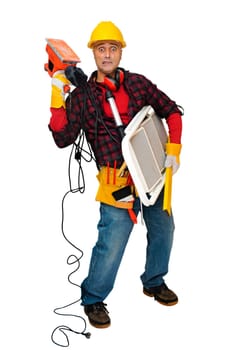 Stressed construction worker with lots of tools isolated in white