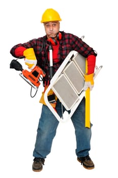 Stressed construction worker with lots of tools isolated in white