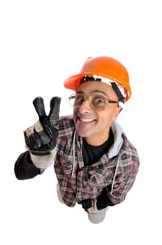 Constructor worker with big glasses isolated in white