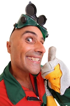 Construction worker making funny faces isolated in white