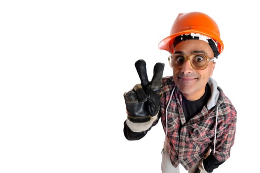 Constructor worker with big glasses isolated in white